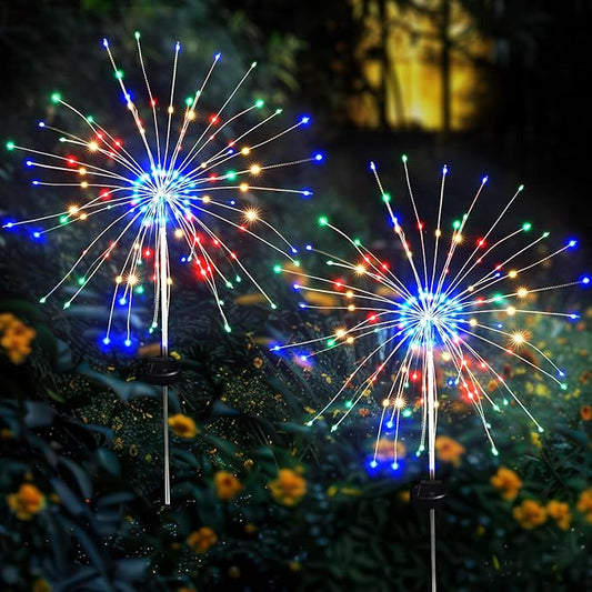 Solar Garden Firework Lights Outdoor Waterproof, 2 Pack Solar Lighting with 8 Lighting Modes , 120 LED Sparklers String Lights for Outside Decor Yard Pathway Halloween Decorations(Colorful)