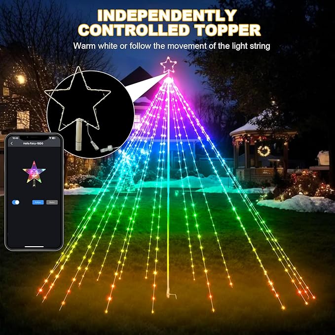 12Ft 478LEDs Outdoor Christmas Tree Waterfall Lights with Pole, Cascading Twinkle Light for Yard, Color Changing RGB, Smart App/Remote Control, Timer, Waterproof, Giant Outside Xmas Decor