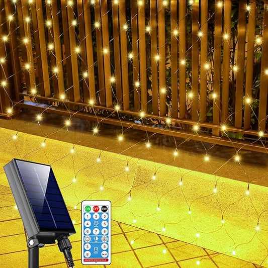 21ft x 5ft Solar Net Lights Outdoor, Solar & USB 2 Power Way 360 LED Waterproof Mesh Lights for Bushes, Remote Control 8 Modes String Light Trees Patio Garden Christmas Indoor Decor (Warm White)