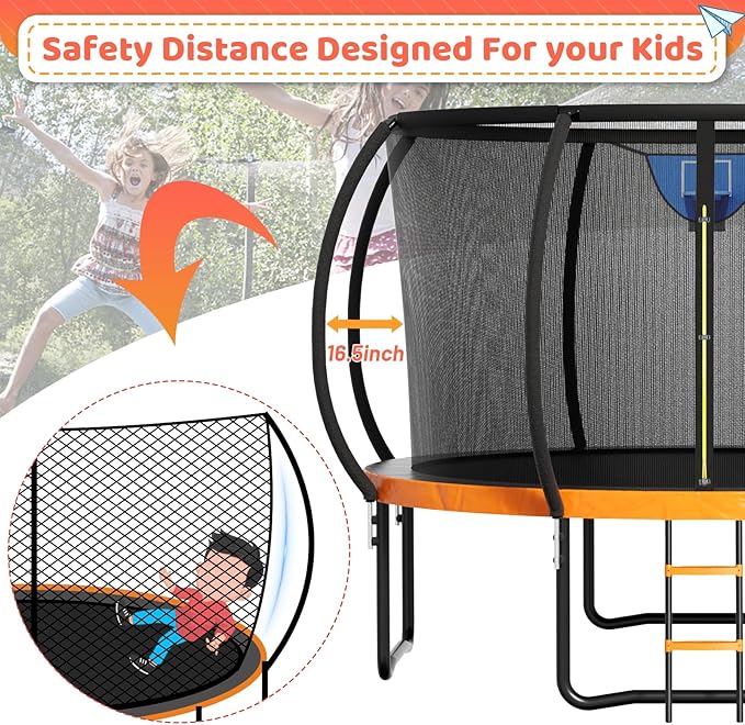 8FT 10FT 12FT 14FT 16FT Trampoline Outdoor, Trampolines for Kids & Adults, Pumpkin Trampolines with Safety Net, Ladder, Coating Metal Frame, ASTM Approved Large Backyard Trampoline for Kids