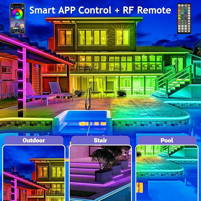 Outdoor LED Strip Lights Waterproof,IP68 Outside Led Light Strips Waterproof with Bluetooth App Remote Control,Music Sync RGB Exterior Led Rope Lights,for Balcony,Deck (200ft Outdoor LED Strip Lights)