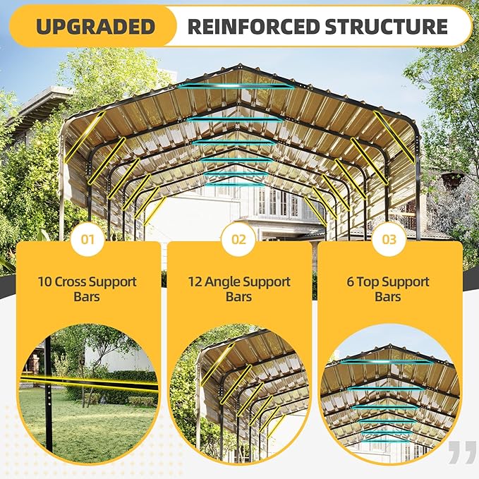 EROMMY 14x25 FT RV Metal Carport, Heavy Duty Carports with Reinforced Steel Frame, Weather-Resistant Galvanized-Steel Roof Shelters, Outdoor Car Shed for 2 Vehicles, Truck, Boat and SUV, Gray