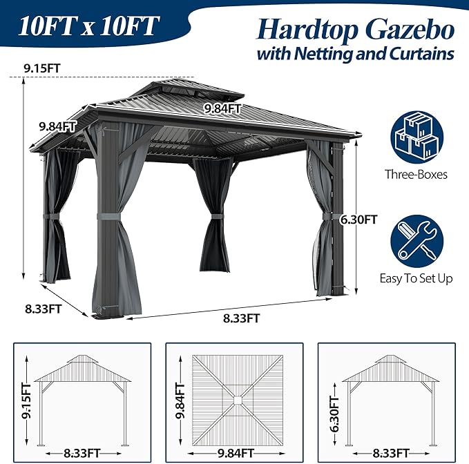 COVERONICS 10' x 10' Outdoor Hardtop Gazebo - Aluminum Heavy-Duty Double Roof Vented Gazebo with Breathable Netting & Privacy Curtains for Patio, Porch, Garden, Lawn