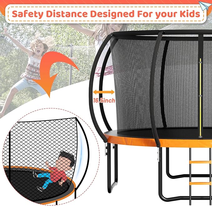 8FT 10FT 12FT 14FT 16FT Trampoline Outdoor, Trampolines for Kids & Adults, Pumpkin Trampolines with Safety Net, Ladder, Coating Metal Frame, ASTM Approved Large Backyard Trampoline for Kids
