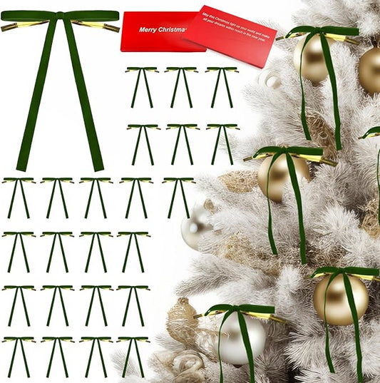 24 Pcs Velvet Bows for Christmas Tree Ribbon Bows for Home Tree Garland Wreath Indoor Rustic Crafts Gift Xmas Decorations Holiday Wedding Outdoor (Dark Green)