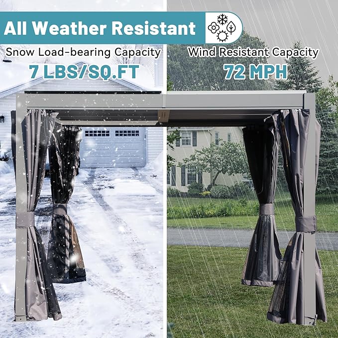 Louvered Pergola 10 x 12 FT, Aluminum Outdoor Pergola with Independent Adjustable Rainproof Top, Built-in Gutter System, Hardtop Patio Metal Pergolas for Deck Garden Backyard -Grey