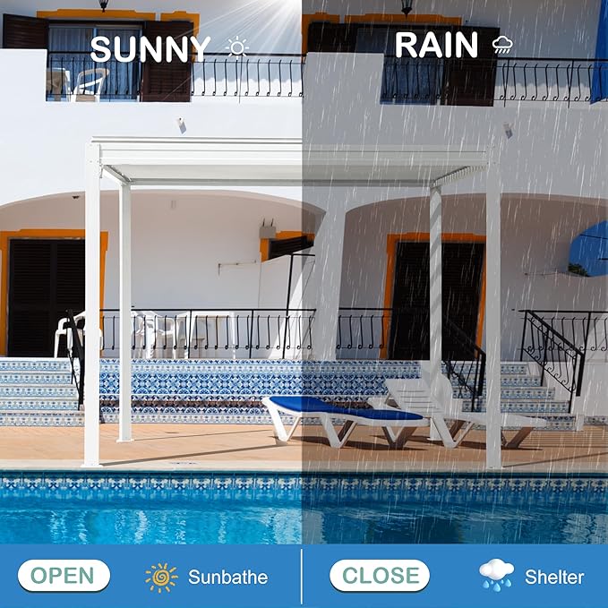 10x10FT Louvered Pergola, Outdoor Pergola Aluminum Frame with Adjustable Rainproof Roof, Permanent Sun Shade with Drainage System for Backyard, Garden and Lawn, White