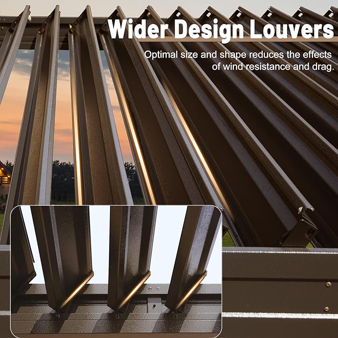 10’ x 13’ Louvered Pergola, Outdoor Pergola Aluminum Frame with Adjustable Rainproof Metal Roof, Permanent Sun Shade with Drainage System for Backyard, Garden and Lawn (Dark Brown)