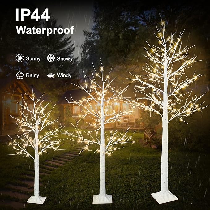 Set of 4 - Birch Tree with LED Lights, 2FT 4FT 5FT 6FT White Christmas Tree, Prelit Artifical Tree Outdoor Christmas Decorations, Lighted Twig Tree, Indoor Outdoor Home Yard Chirstmas Decor