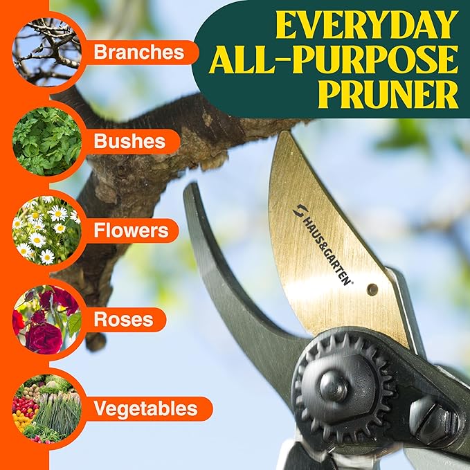 Haus & Garten PrecisionPRO 8 Titanium Pruning Shears - Heavy Duty Professional Bypass Pruner - Use As Rose Clippers, Premium Gardening Secateurs, Garden Scissors, Handheld Yard, Tree, & Plant Tool