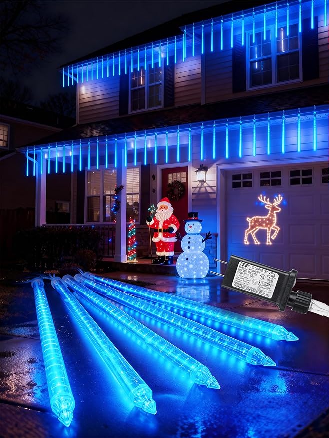Flacchi Meteor Shower Icicle Lights - 5 Tubes 20" Each 270 LED Cascading Raindrop Lights, Timer Outdoor Waterproof Christmas Decorations for Holiday Party(Blue)