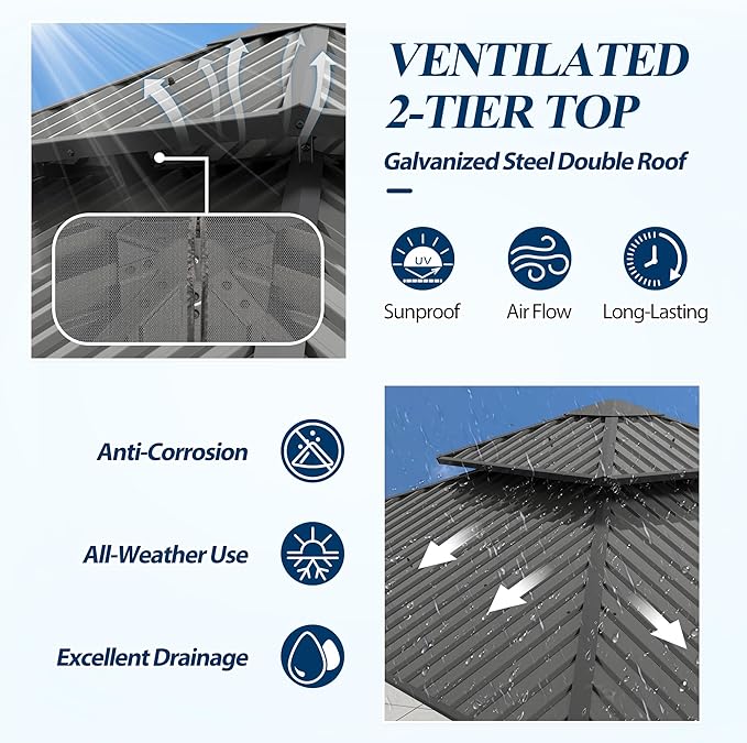 COVERONICS 8.5' x 8.5' Outdoor Hardtop Gazebo - Aluminum Heavy-Duty Double Roof Vented Gazebo with Breathable Netting & Privacy Curtains for Patio, Porch, Garden, Lawn