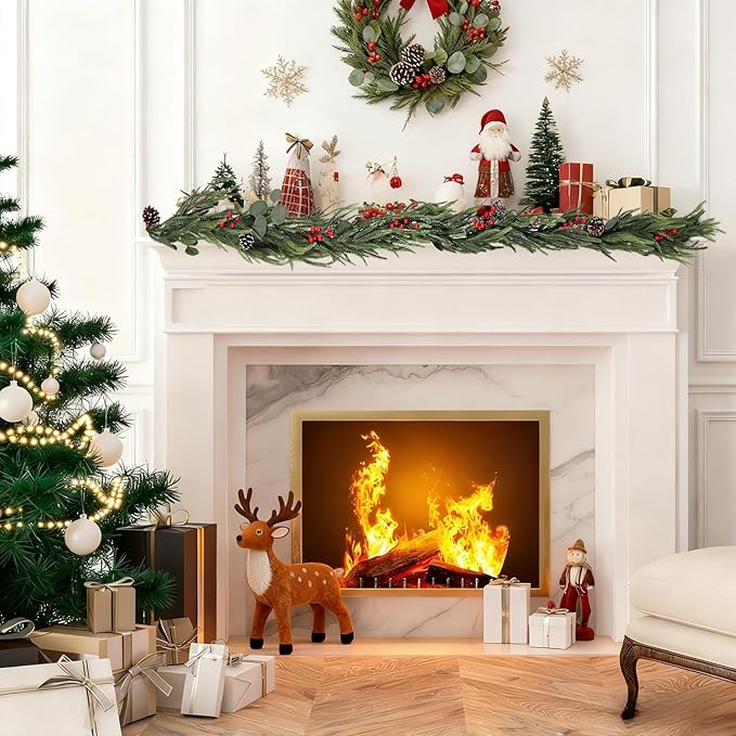 Christmas Garland of Artificial Norfolk Pine 6FT Christmas Decorations Indoor of Real Touch Winter Cedar Garland with Pinecones Red Berries Green Garland for Table Mantle Wall Outdoor