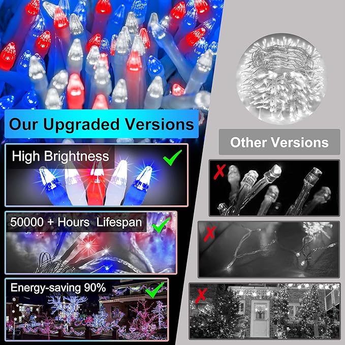 1500 LED Chrstmas Lights, 470ft Outdoor Christmas String Lights with 12 Modes, Red White and Blue LED String Lights with Timer Dimmable Waterproof for Tree Fence Garden Xmas Wedding Party Decor