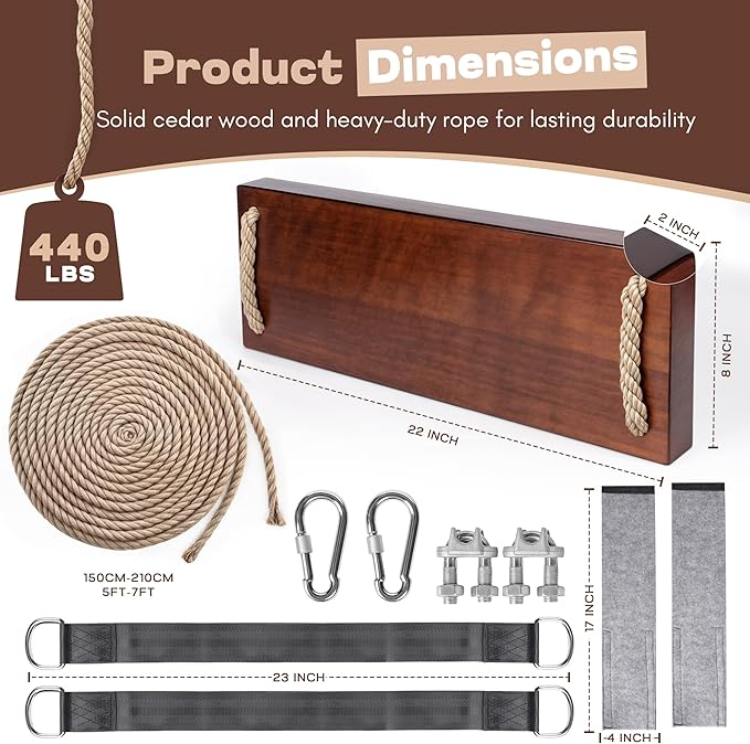 Outdoor Wood Hanging Seat, 22" x 8" x 2" Cedar Wooden Tree Swing for Adults & Kids, 440+ lb Capacity, Adjustable 5-7 ft Rope, Classic Heavy Duty Tree Swing for Backyard & Porch
