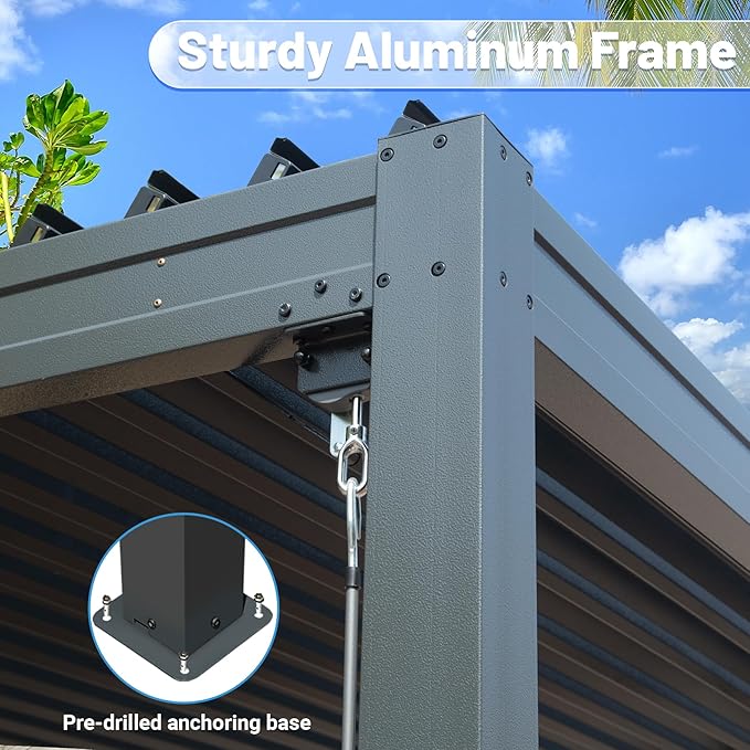10’ x 16’ Louvered Pergola, Outdoor Pergola Aluminum Frame with Adjustable Rainproof Metal Roof, Permanent Sun Shade with Drainage System for Backyard, Garden and Lawn (Grey)