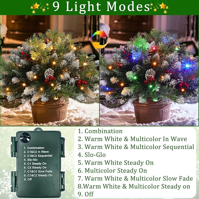Timer Dual Color Change 2 Pack Christmas Tree Outdoor Urn Filler 24Inch Artificial Snowy Pinecone Red Berries Tripod Stake Warm White & Colorful Lights Battery Operated 8 Mode Porch Decor Pathway Yard