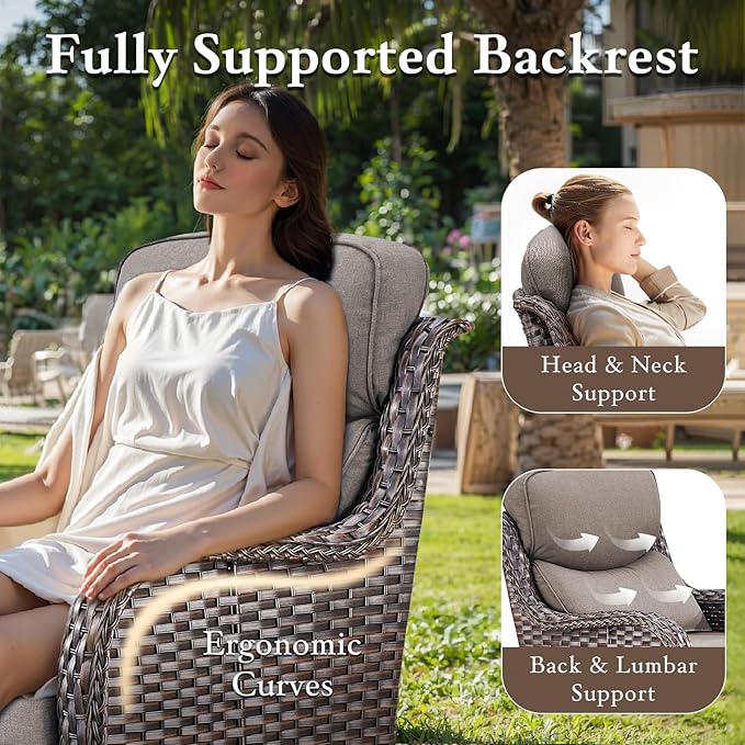 Luxury High Back Outdoor Furniture with 6-inch Extra Thick Cushions, Patio Furniture Set with Swivel Chairs, 4 PCS Wicker Conversation Set for Yard, Deck, Poolside, Brown/Grey