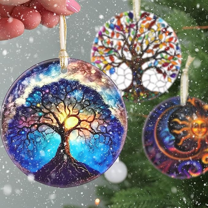 Christmas Ornaments, 3.5 Inch Ceramic Tree of Life Hanging Ornament, Christmas Tree Ornaments, Gifts for Dad, Xmas Gifts, Unique Gift Idea, Perfect for Holiday Party, Tree, Window, Wall Decor