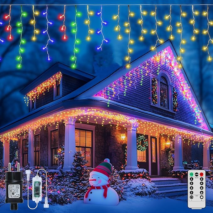 Icicle Lights for Outside, 82ft 880 LED Icicle Christmas Lights Outdoor Waterproof, 176 Drops with Remote, 8 Modes for Holiday Decorations - Christmas, Wedding, Party, Garden, House, Multi-Color