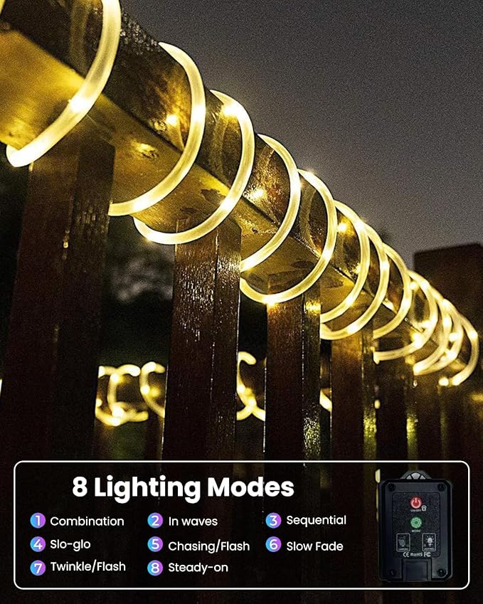 Upgraded 70FT 200 LED Solar Rope Lights, Timer & 8 Modes Trampoline Accessories Solar String Lights, IP65 Waterproof Solar Powered Fairy Lights for Party Garden Yard Tree Camp(Warm White)