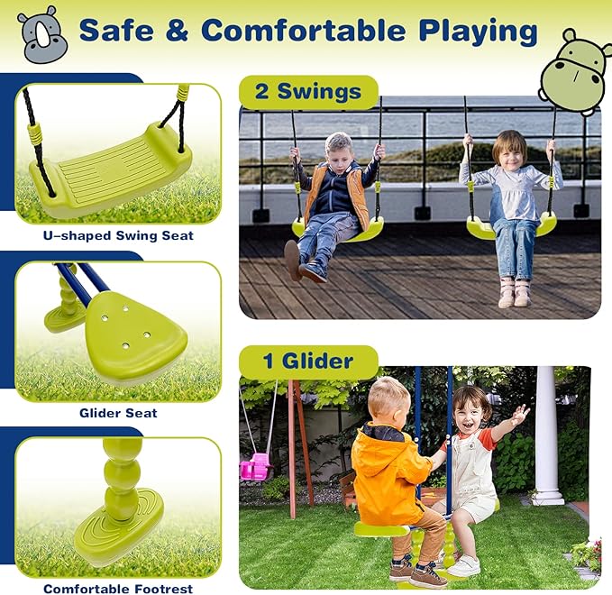 GLACER Metal A-Frame Swing Set, Heavy Duty Steel Playset for Kids w/ 2 Swings & 2-Person Glider, 440 LBS Swing Set for Kids Aged 3-10 Years Old, Multi-Purpose Play Set for Backyard, Garden, Park