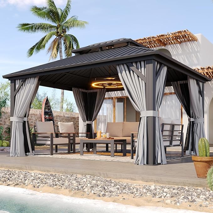Aoxun Hardtop Gazebo 10x12, Aluminum Frame Canopy with Double Galvanized Steel Roof, Outdoor Gazebo with Breathable Netting and Privacy Curtain for Backyard