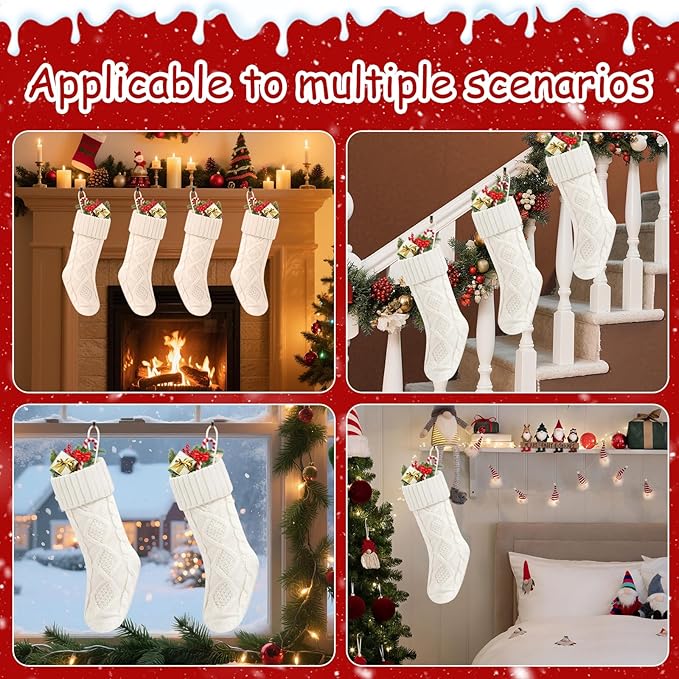 Christmas Stockings 18 Inches,Long Knitted Socks Christmas Decoration Hanging Stocking Fireplace Xmas Tree Stocking for Home Family（4 White）