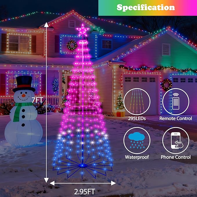 7FT Lighted Outdoor Christmas Tree, 295 LED Smart Cone Tree, Music Sync RGB Fairy Lights, LED Light Show, APP and Remote Control, Timer Function, Perfect for Outdoor Christmas Decorations