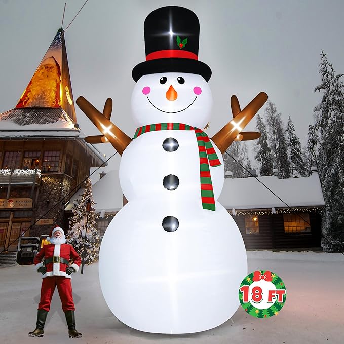 18FT Christmas Inflatable Snowman, Super Large Blow Up Snowmen Outdoor Decor with LED Lights, Waterproof Giant Snowman Yard Decoration for Holiday, Xmas Party, Garden