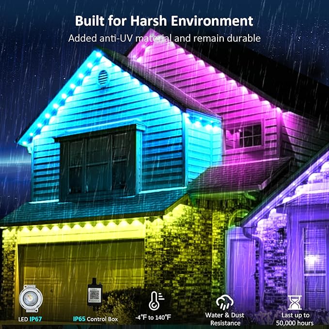 IVRICH 50FT Permanent Outdoor Lights, Smart RGB Eave Light with Color Changing, APP/Remote Control, IP67 Waterproof, Music Sync, Timer Function, for Christmas, Party, Holiday Decor