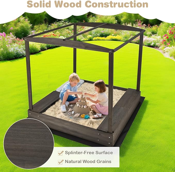 Costzon Kids Wooden Sandbox with Canopy, Large Sand Pit w/Mesh Door, Windows, Bench Seats, Foldable Storage Box & Bottom Liner, Outdoor Playhouse for Children 3+ Years Old (Pink&White)