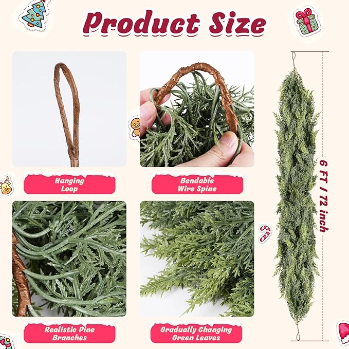 kuaima Christmas Cedar Garland, 6 FT Artificial Realistic Winter Evergreen Greenery Cypress Garland Real Touch for Indoor Outdoor Xmas Decoration, 1 Pcs