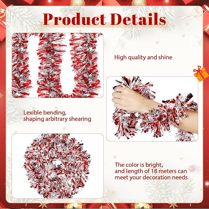 177 Feet Christmas Tinsel Garland Metallic Shiny Hanging Christmas Tree Tinsel Garland Ornaments for Indoor Outdoor Party Wedding Holiday(Red White Silver)