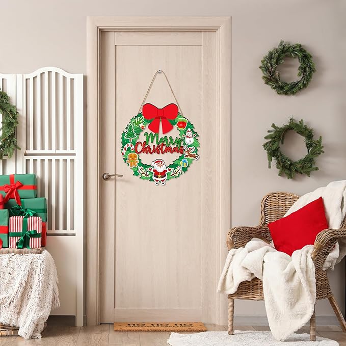 Merry Christmas Wreath Hanging Sign For Front Door, Wooden Welcome Sign With Christmas Tree For Festive Office Rustic Farmhouse Wall Window Decoration (Wreath)