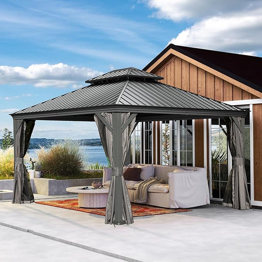 Domi 10x12FT Outdoor Gazebo, Hardtop Gazebo with Galvanized Steel Double Roof, Metal Gazebos with Drainage System Patio Pergola for Patio Deck Backyard,Curtain and Netting,Gray