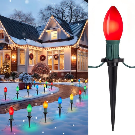 Frosted C9 Christmas Lights Outdoor, 25.7 Ft Christmas Pathway Lights with 20 LED Bulbs and Stakes, Connectable Christmas Yard Decorations Walkway Sidewalk Holiday, Multicolor