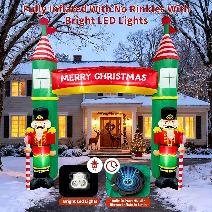 10FT Christmas Inflatable Outdoor Decoration, Nutcracker Soldier Christmas Inflatables Archway, Christmas Blow Up Yard Decorations Built-in LED Lights Xmas Archway Outdoor for Lawn Garden Xmas