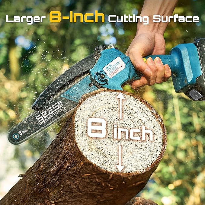SEESII Mini Chainsaw 8 inch,Cordless Chainsaw w/ 2pcs 2000mAh Batteries,Oiler System & Replacement Chain,Handheld Chain Saw w/Safety Lock,Battery Powered Chain saw for Wood Tree Cutting,M8 Plus