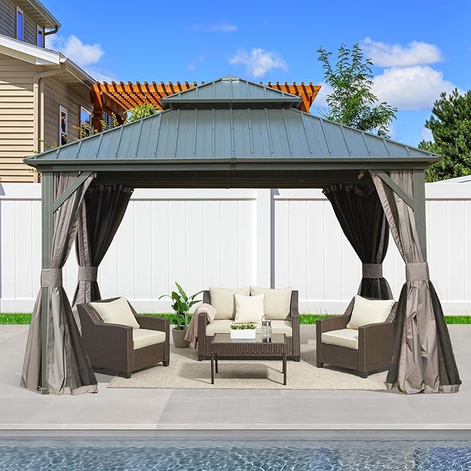 Domi Hardtop Gazebos 12x12FT, Aluminum Metal Gazebo with Galvanized Steel Double Roof Canopy, Curtain and Netting, Permanent Gazebo Pavilion for Patio, Backyard, Deck and Lawn, Grey