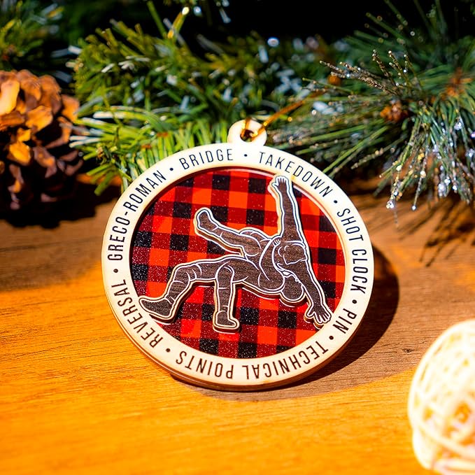 Wrestling Ornament 2025 – Wooden Christmas Ornament for Wrestlers, 2-Layer Rustic Plaid Wrestling Christmas Tree Decoration, Wrestling Gifts for Men