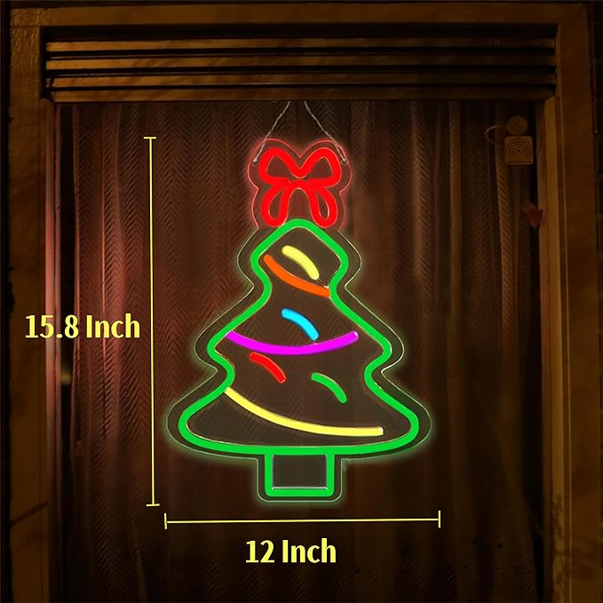 Christmas Tree Neon Sign Christmas Decorations, Dimmable Led Neon Light Up Sign for Xmas Wall Decor Party Home Bar Festival, USB Powered, Include Hanging Chain