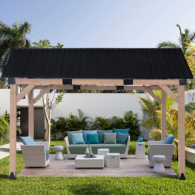 StarEcho Wooden Hardtop Gazebo 12 x14 FT,Heavy Duty Cedar Wood Pavilion Gazebos with Galvanized Steel Gable Roof,Outdoor Gazebo for Lawn Backyard Deck Patio Garden