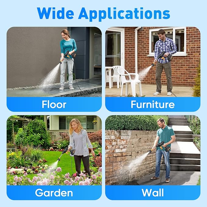 Portable Cordless Pressure Washer, 600 PSI 21V Two Rechargeable Batteries Powered Pressure Washer with Battery Level Display, 6-in-1 Nozzle with Jet Nozzles for Car Floor Wall Fence Cleaning