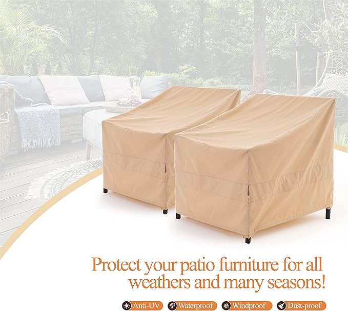WJ-X3 Patio Chair Cover, Outdoor Lounge Cover, Heavy Duty, Waterproof Lawn Chair Covers, 36W x 40D x 36H, Beige, 2-Pack