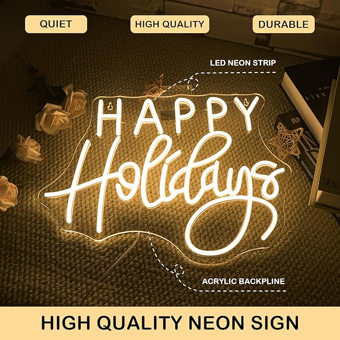 Horseneon Happy Holidays Neon Sign Merry Christmas Neon Signs for Wall Decor Christmas Tree Neon Light LED Sign with USB Powered for Party, Windows, Home Decor, Bedroom, Living room Warm