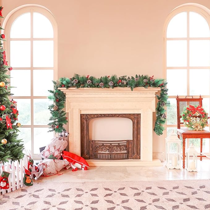 Joyhalo 9ft Christmas Decorations with Lights - Battery Operated Prelit Garland for Mantle, Stairs, Railing, Fireplace