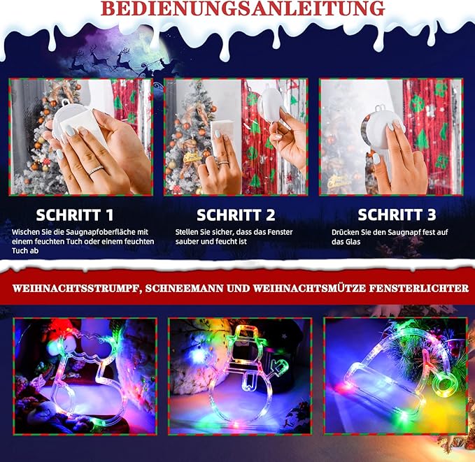 LOLStar Christmas Window Lights, 3 Pack Multicolor Christmas Stocking, Snowman, Santa Hat Lights with Suction Cup, Timer Function and Slow Fade Mode Battery Operated