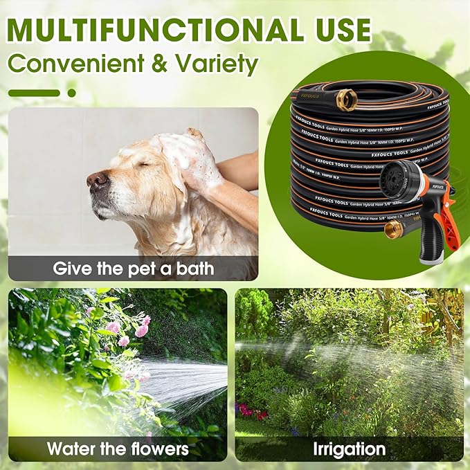 Heavy Duty Garden Hose ? 5/8 Inch Flexible, Lightweight Hybrid Hose with 600 PSI Burst Pressure, Swivel Handle, and Durable Copper Male/Female Fittings (Black with hose sprayer, 100FT)