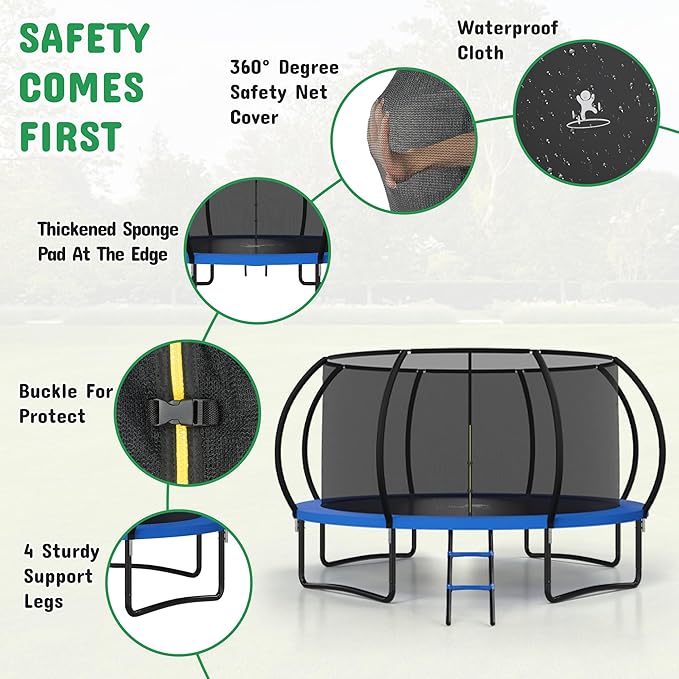 Polar Aurora 10FT 12FT 14FT 16FT Outdoor Trampoline with Safety Enclosure Net, Thickened Spring Pad，ASTM Approved Recreational Trampoline for Kids and Adults,Anti-Rust Coated Frame and Thickened Mat